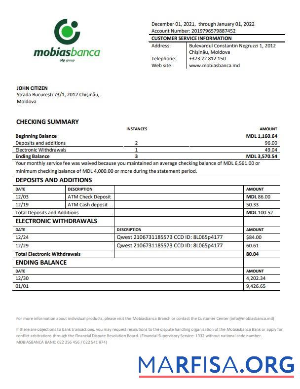 Printable Moldova Mobiasbanca bank statement word sample